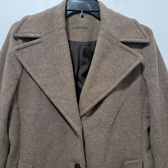 Calvin Klien Wool Silk Blend Preppy Minimalist Coat Size Tag Missing Large Tan - Picture 9 of 17